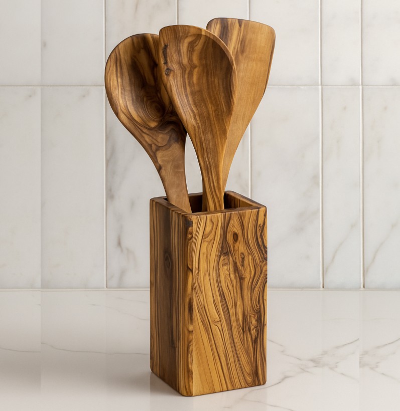 Olive wood Rectangular Utensil Holder