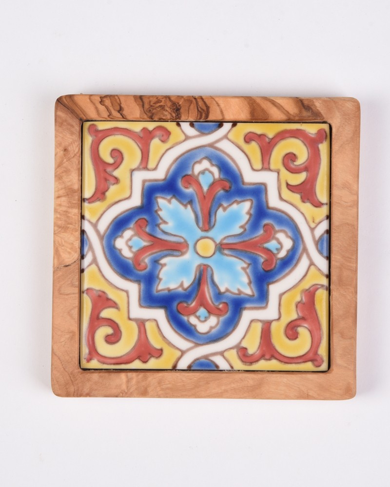 Olive Wood Handpainted Ceramic Coaster- Cancun Blue